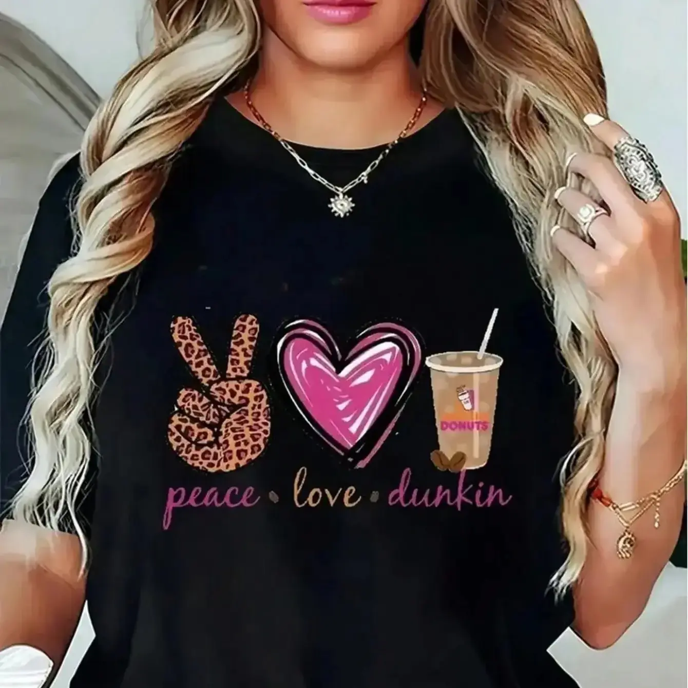 Women's Black Graphic T-Shirt - Funny "Peace Love Dunkin'" Coffee Cup Design - Soft Breathable Cotton Everyday Tee for Dunkin' Fans, Casual Outfits & Lounge Wear - Machine Washable Everyday Essential, Ladies T Shirts, Summer Party Top, Playful Print Shirt