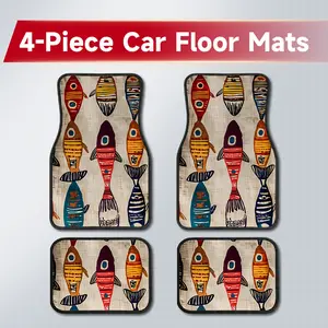 4PCS Tribal Fish Pattern Car Floor Mats, Colorful Bohemian Folk Art Style Wear Resistant Easy Clean Carpet Liners, Ideal Birthday & Holiday Gift for Nature Lovers, Whimsical Ethnic Interior Decor Accessories Fit Sedan SUV Truck Van