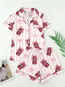 Women's Spring Summer Cartoon Print Button Front Short Sleeve Top, Pocketed Shorts Set, Casual Fitted Sleepwear Loungewear for Home Wear