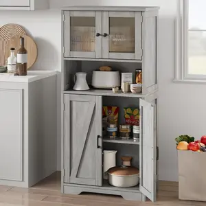 50.4 in Tall Bathroom Cabinet, Farmhouse Bathroom Linen Cabinet with Glass Doors and Adjustable Shelves, Freestanding Kitchen Pantry Cabinets for Living Room, Dining Room, Gray