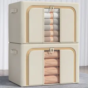 66L Large Fabric Storage Bin with Dual Zipper Openings, 17.4 Gal Clothes Organizer with Clear Windows & Handles for Comforter, Blankets & Indoor Recreation Closet