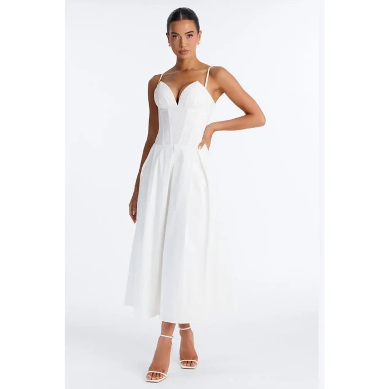Estella Corset Poplin Midi Dress - White