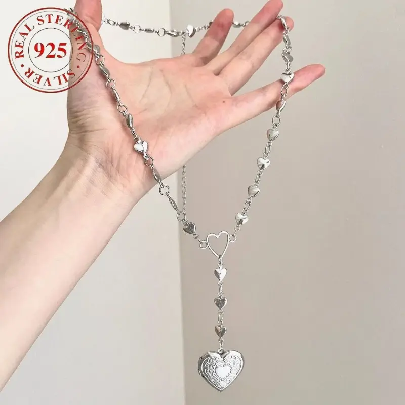 S925 Sterling Silver Boho Vintage Heart Pendant Necklace for Women, Delicate Retro Accessory for Daily Wear and Parties