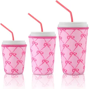 Reusable 3-Pack Iced Coffee Cup Sleeve, Insulated Neoprene, Beverage Holder for Iced Coffee, Durable Drink Sleeve for Cold Beverages, Bows, Drink Protectors