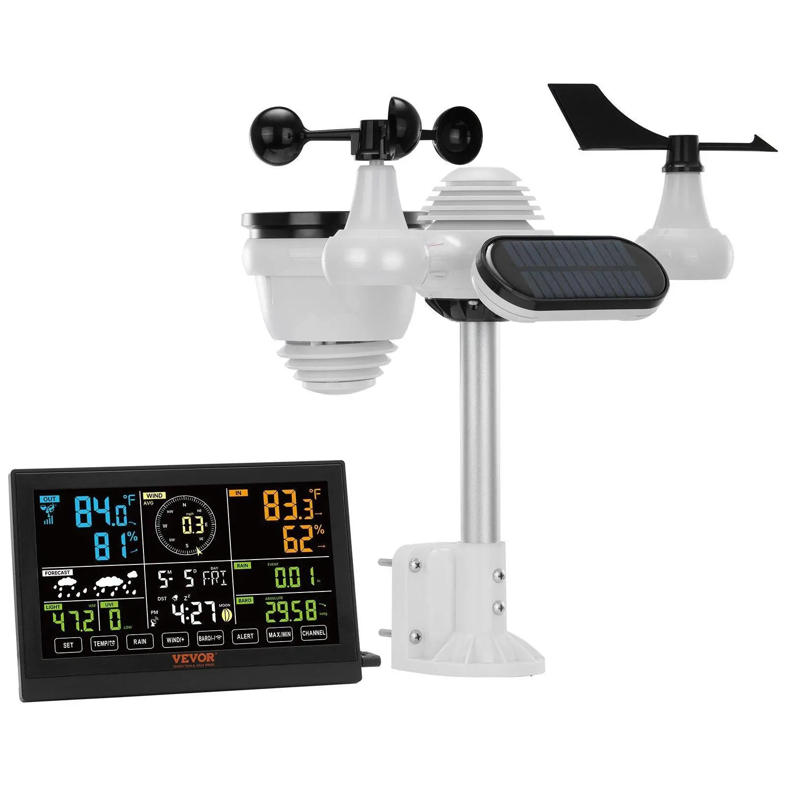 【SummerFinds】VEVOR 7-in-1 Wireless Weather Station with Solar Panels & Batteries, 7.5 in Large Color Display, Aluminum Indoor Outdoor Thermometer Temperature Monitor, Wind Speed/Direction Rain UV Tracker, Forecast Data, Alarm Alerts, Lcd Temperature Displ