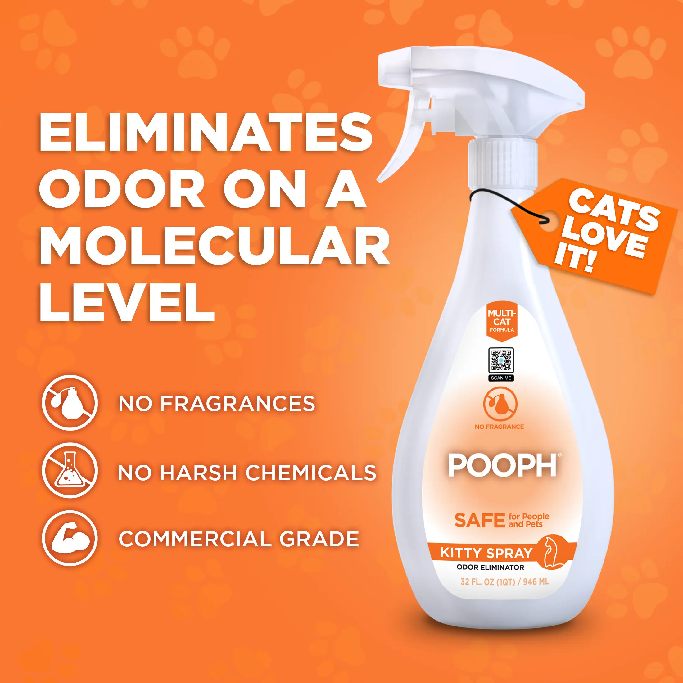 POOPH® Kitty Odor Eliminator – 32 fl oz Bottle – Proprietary Odor-Elimination Technology Works On-Contact – Cat Trees, Toys, Furniture, Bedding – NO Fragrances, NO Harsh Chemicals, Safe & Non-Toxic