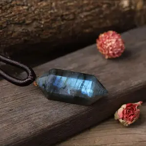Natural Labradorite Blue Flash Crystal Double Point Pendant Healing Energy Amulet Women Men Necklace Gift Crystal Chakra