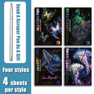 4 Sheets/lot Glow-In-The-Dark Scratch Paper Set, Art Painting Kit, Creative Whale/butterfly/pavilion/submarine World, Colorful Stress Relief DIY Drawing Kit Gift Decor