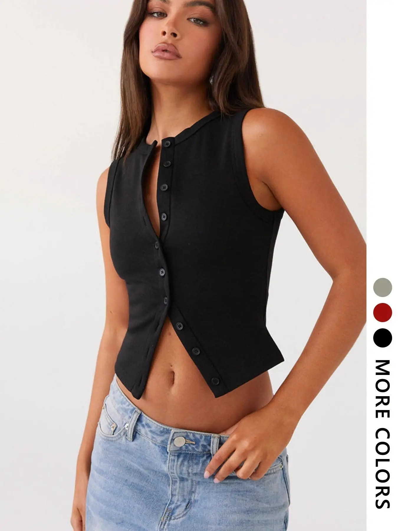Women's Solid Color Front Buckle Crop Vest, Casual Basic Sleeveless Ribbed Crop Top Cropped Tank Top for Daily Wear, Ladies Clothes for All Seasons Womenswear