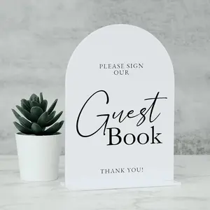 Arch Acrylic Wedding Sign with Guest Book and Base, Thick Modern Calligraphy Arched Acrylic Table Sign for Wedding and Event Parties, Acrylic Signage Plaque, Decor