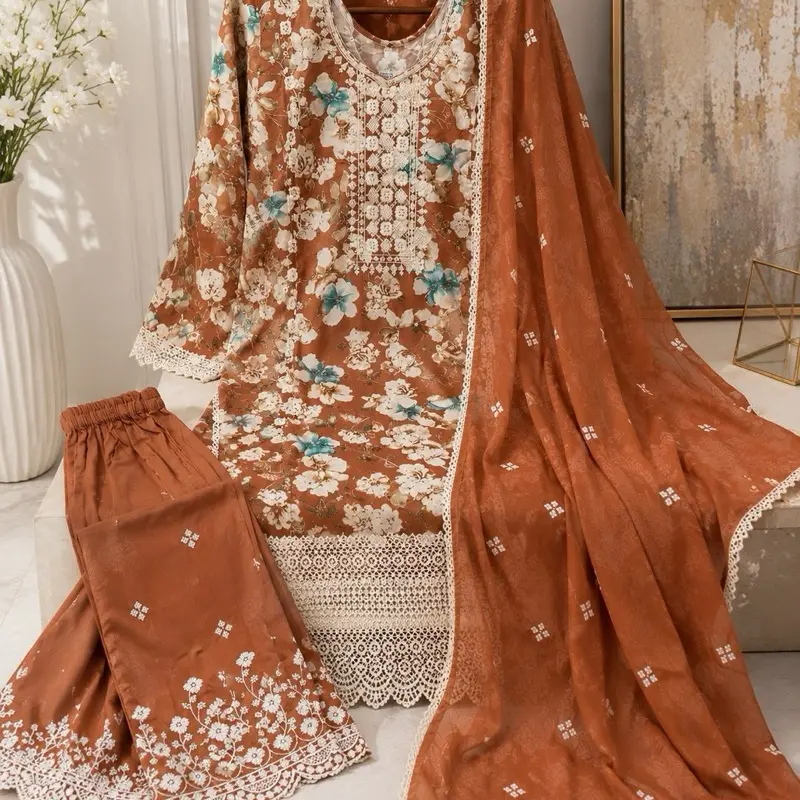 Luxury Punjabi Style 3PC Suit | Rust Floral Dress