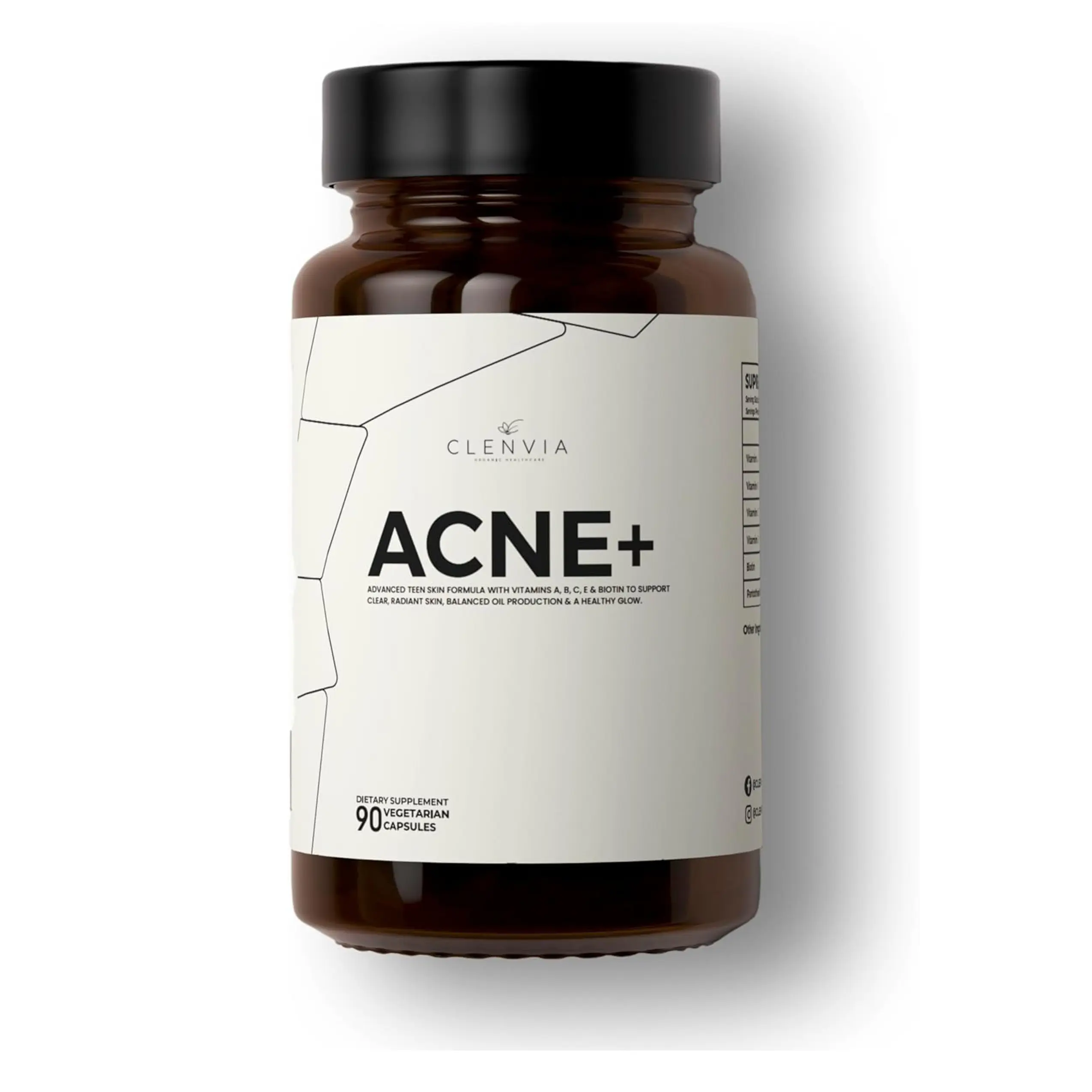 Acne+ Teen Skin Supplement – Vitamins A, C, E, B, Biotin & Pantothenic Acid – Supports Clear Skin, Balanced Oil Production & Healthy Glow – 90 Vegetarian Capsules