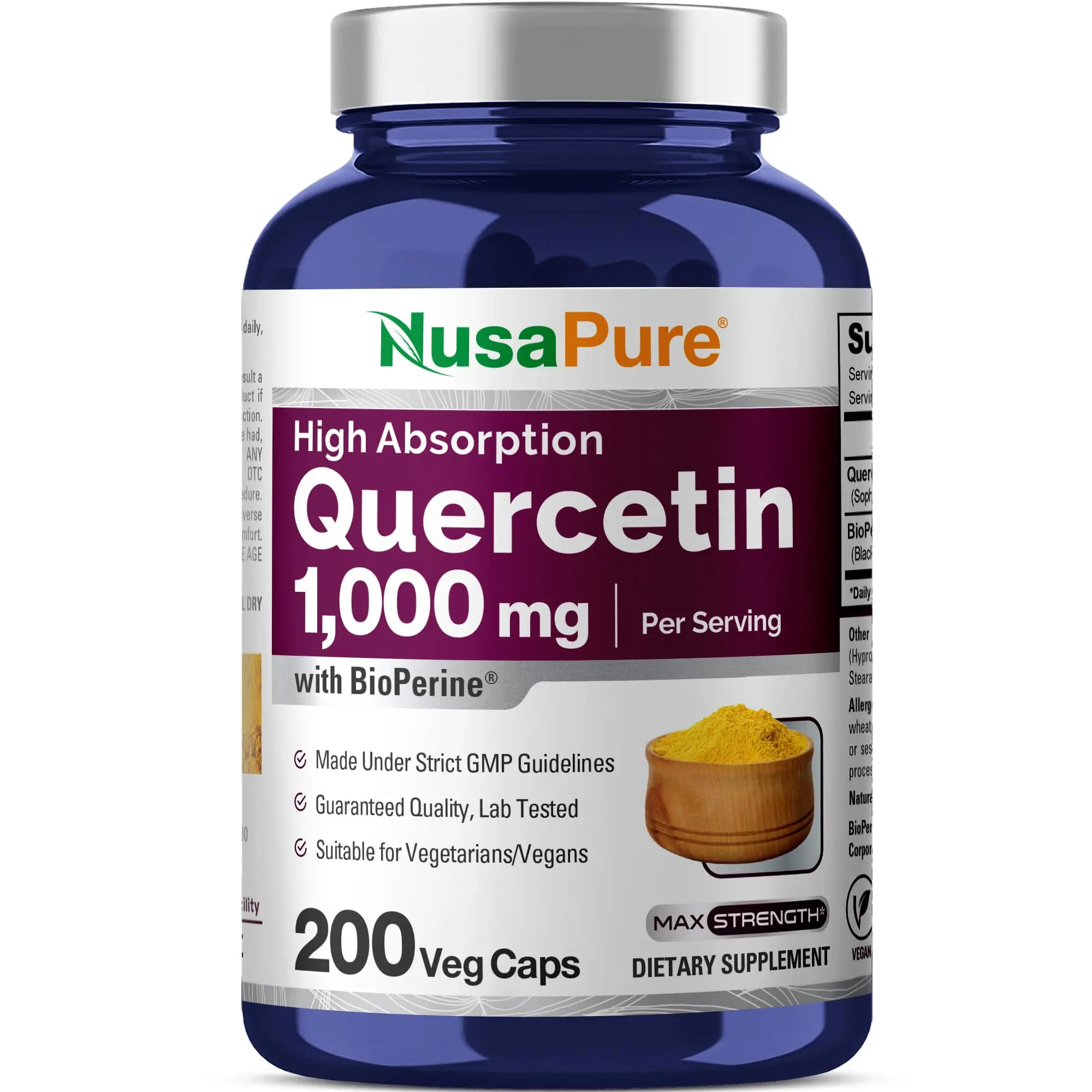 NusaPure Natural Quercetin Dietary Supplement - 1000 mg, 200 Vegetarian/Vegan Non-GMO Capsules with Bioperine®, Antioxidant, Anti-Allergenic Support for Adults' Metabolism, Immunity, Heart Health, 2-Cap Daily Dose, 2-Cap Serving