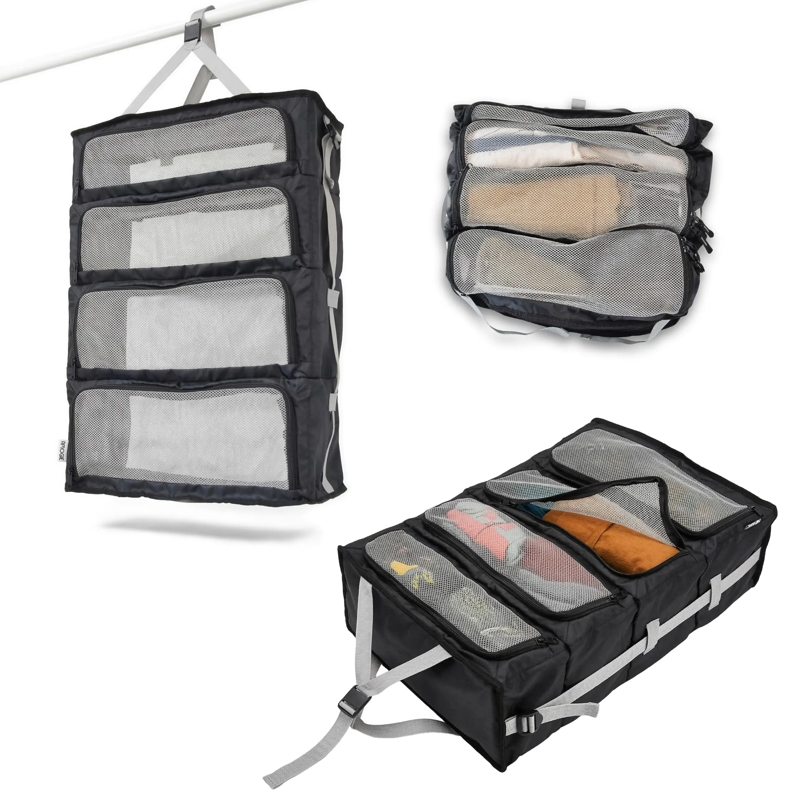 AMOGIE Hanging Suitcase Organizer – Instant Travel Closet with Built-In Compression | 4-Compartment Wardrobe Packing Cubes for Carry-On & Checked Luggage | Travel Essentials for Men & Women