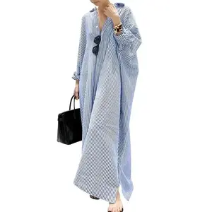 Women's Casual Long Sleeve Button Loose Striped Cotton Long Shirt Dress(Sheet)