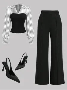 Women's Fall New Simple Style Bubble Sleeve Lapel Striped Colorblock Fitted Top Elastic Waist Loose Long Pants Set