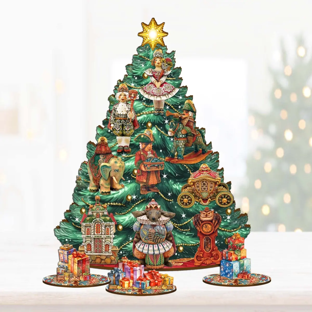 Designocracy 8091519 Durable Wooden Nutcracker Masquerade Christmas Tree Ornaments - 12.5 in. Decorative Tabletop Figurines with Tiny Twinkling Lights, Playful Family Holiday Home Supplies