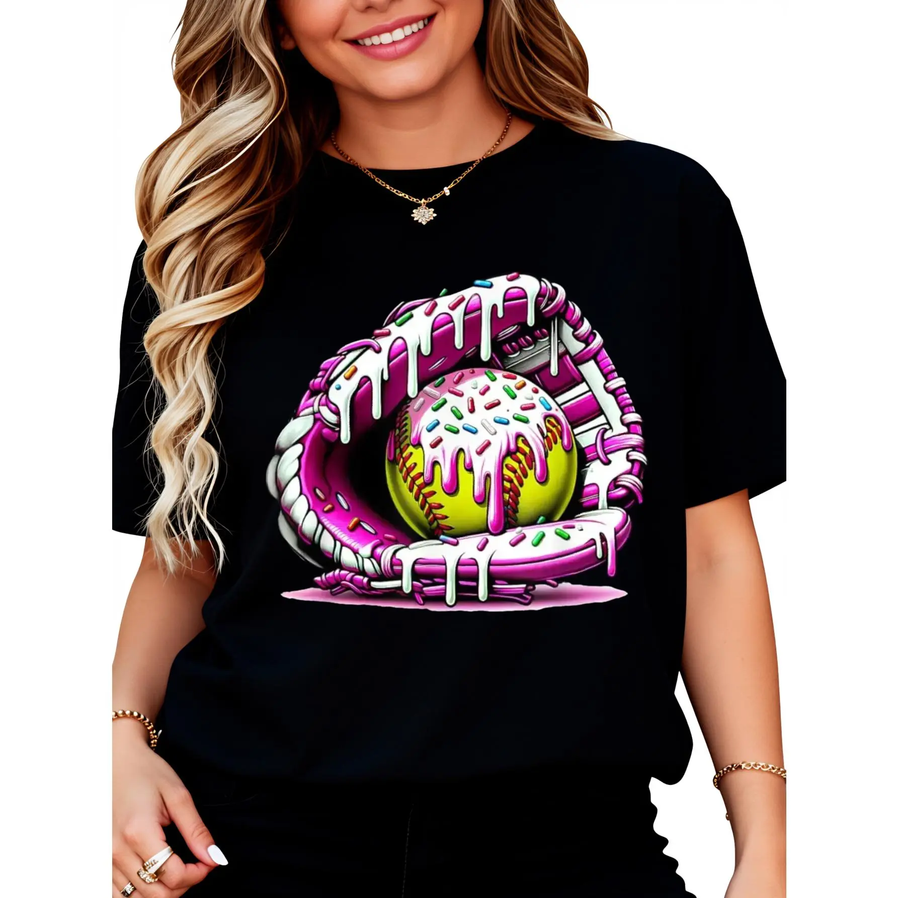 Softball Drip Ice Cream Sprinkles Softball Glove Cotton T-Shirt for Women Men Clothing Graphic tees Fit Top
