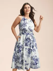 BLOOMCHIC Women's Casual Halter Neck Sleeveless Fit Midi Dress - Polyester-Spandex Garment, Everyday Fabric, Summer Vibe,summerwins,Spotlight,Summer wins,Deals for you days
