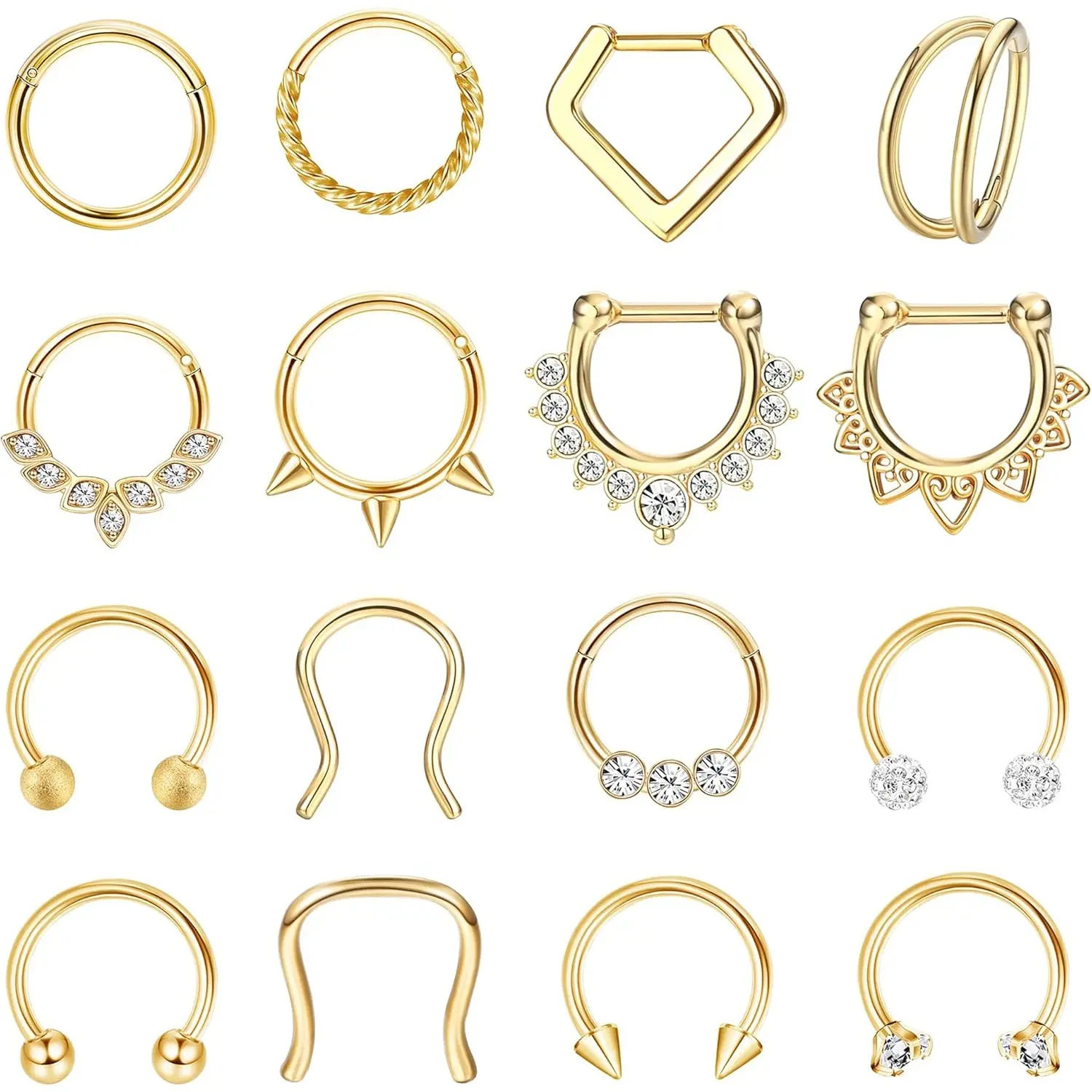 Milacolato Unisex 16-Piece Body Piercing Jewelry Set, 16G 8mm Hypoallergenic Surgical Steel Clicker Hoops with CZ for Septum, Nose, Cartilage - Gold, Silver, Black, Septum Piercing, Nose Ring, Bling Effect