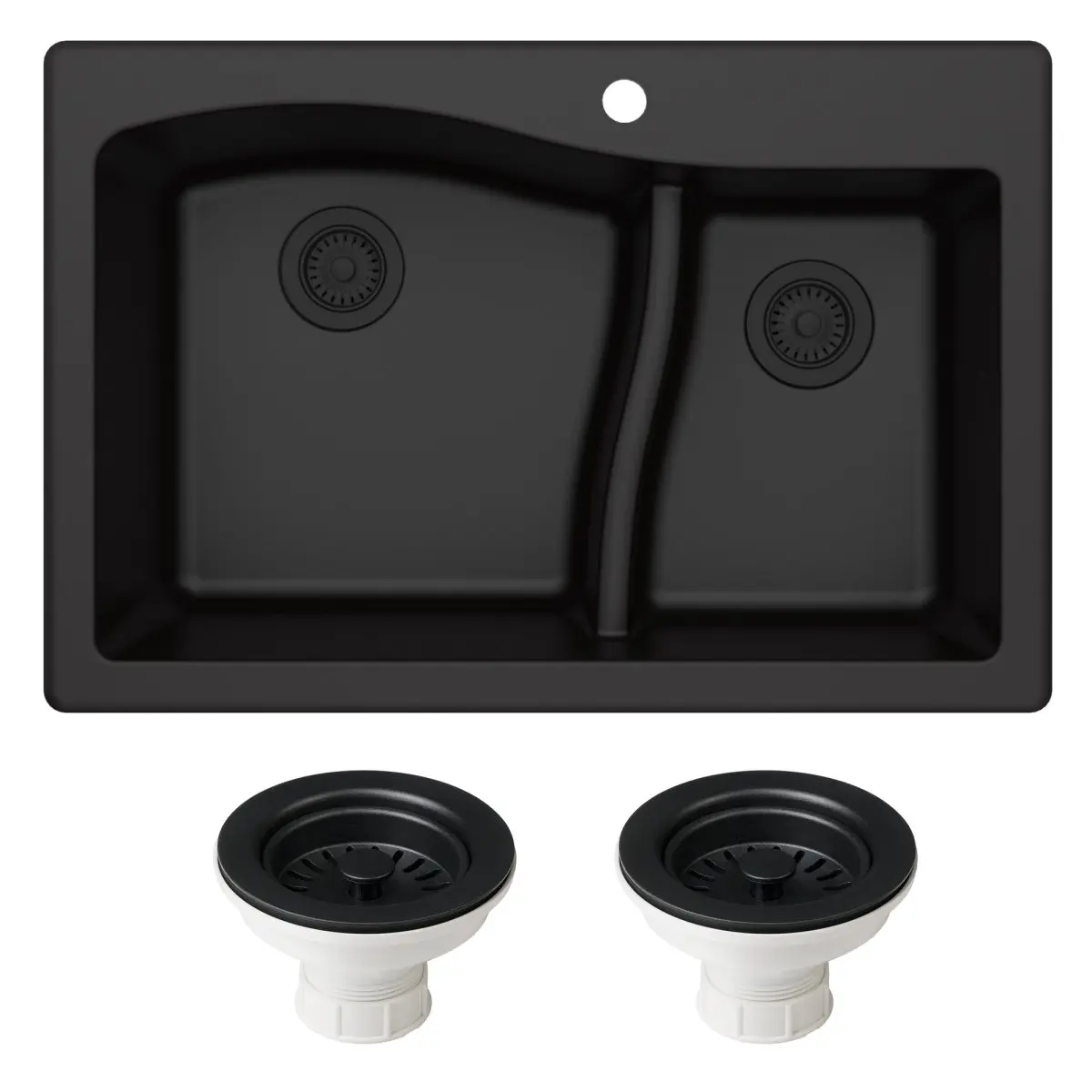 212 MAIN Quarza 33" Rectangle Dual Mount Double Bowl Granite Kitchen Sink - 60&40 Bowl Sizes, 33l x 22w x 10d in, Easy Clean, Scratchproof, Heat Resistant, Durable, Vibration-Absorbent, Noise-Minimizing, Includes 2 Matching Colored Strainers, Black, Two M
