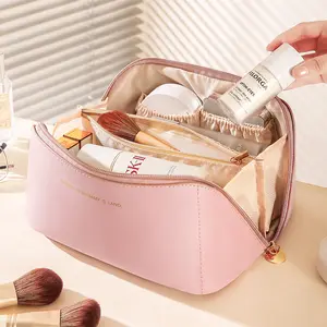Large Travel Makeup Bag for Women – Portable Cosmetic Organizer with Wide Opening, Waterproof Toiletry Bag, Vertical Stand Brush Holder for Easy Access, Pink