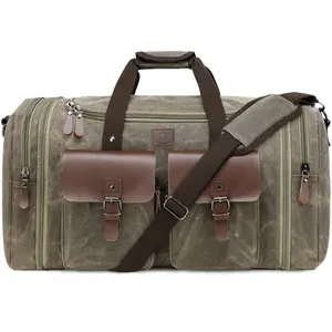 Densata Vintage Canvas Travel Duffle Bag for Men 50-60L Expandable Overnight Weekender Carry-On Large Capacity Crossbody Handbag Durable Outdoor Mega Spacious Lightweight Portable Convertible Waterproof family trip Waterproof Waxed CanvasDuffle Bag Spring
