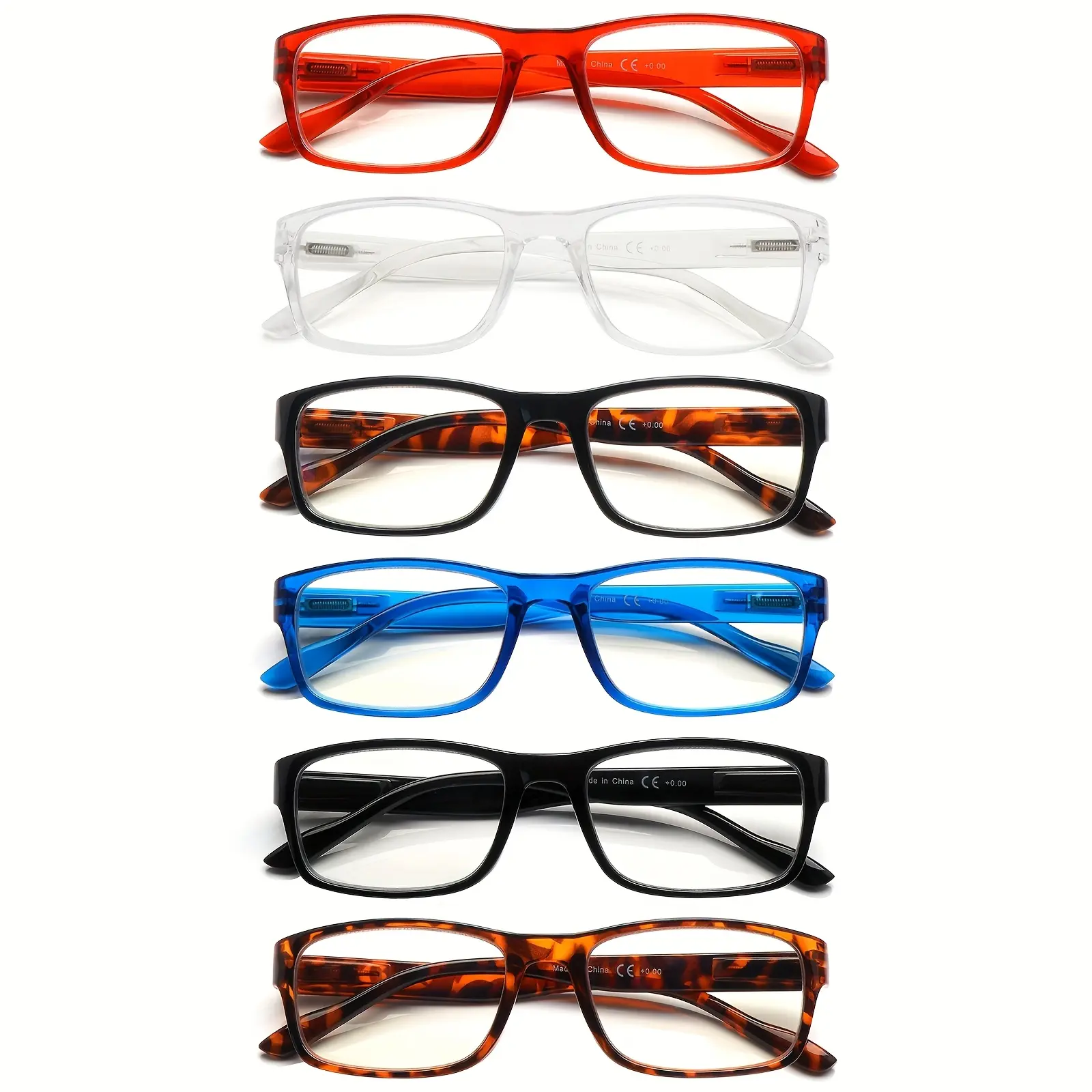 6-Pair Mix Color Classic Rectangular Lightweight Anti-Blue Light Eyewear Fashion - Low Profile Slim Non-Prescription Reading Glasses with Flexible Spring Hinges Frames, Low Profile Slim Non-Prescription Glasses