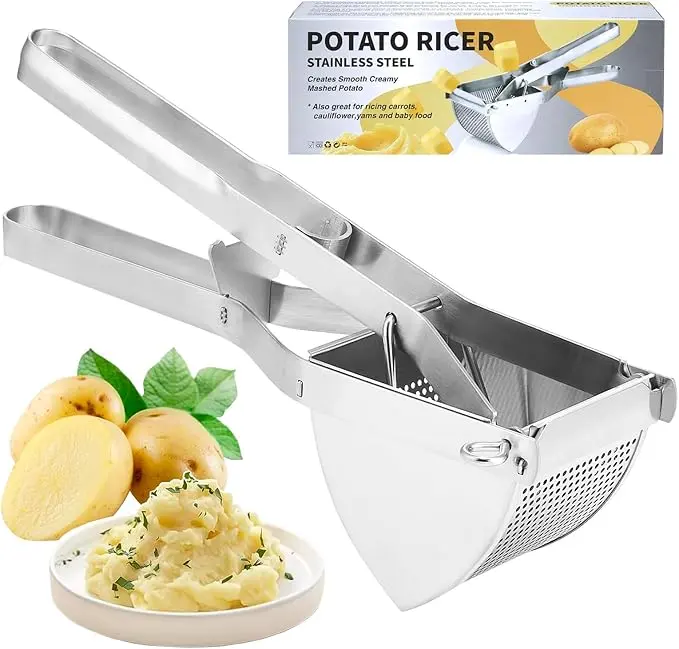 Durable Rustproof Stainless Steel Potato Ricer Masher - Kitchenware Utensil with Large Deep Basket, 360-Degree Cleaning, Lump-Free Results for Home Use, Homemade Baby Food, Crafting Gnocchi