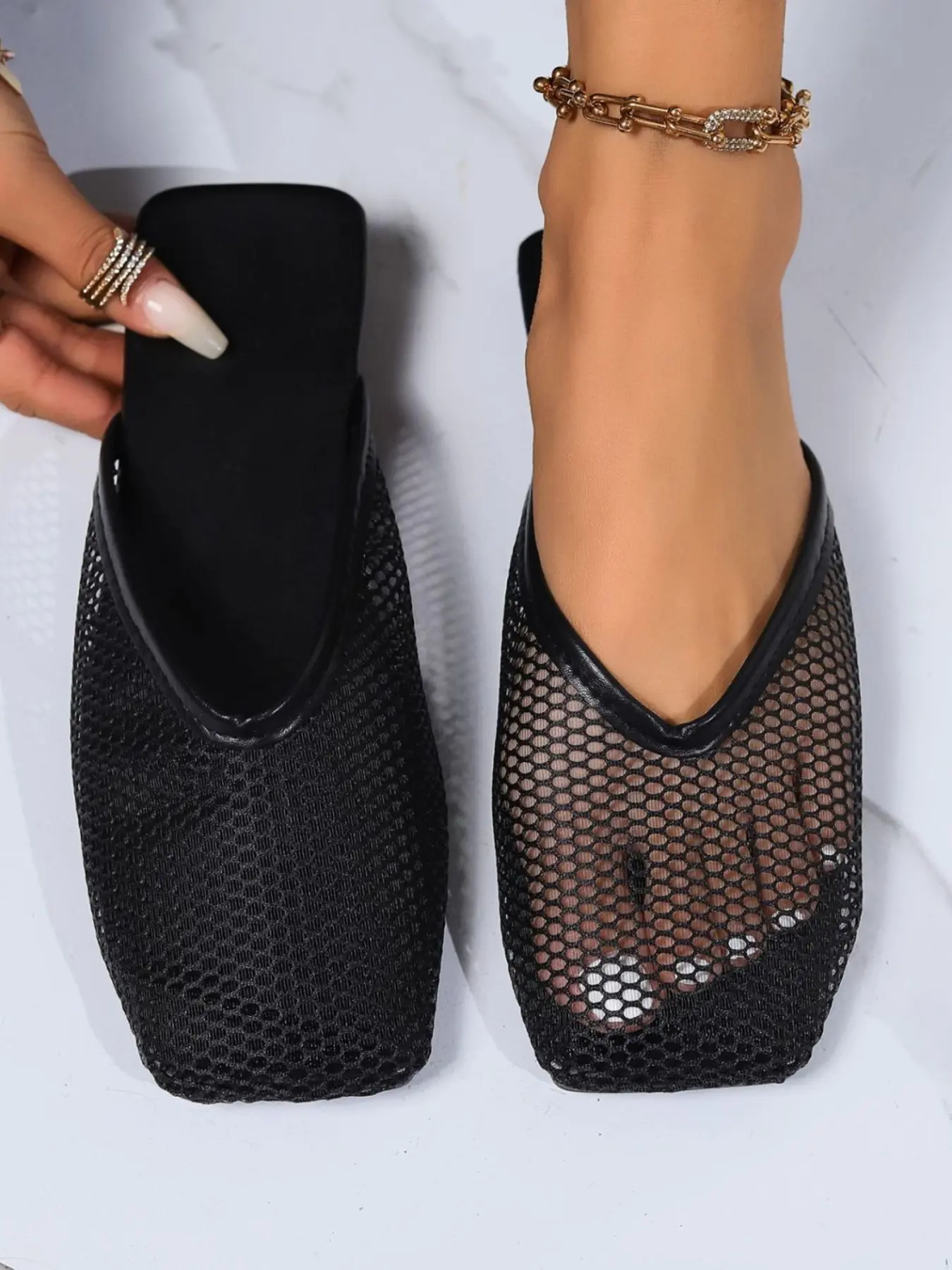 Women's Breathable Mesh Mule Slippers, Casual Comfortable Slip-On Fishnet Sandals, Unique Sandals, Square Toe Flat Shoes, Lightweight Open Back Summer Slides for Daily Wear, Shopping, Vacation, Slip On Mules