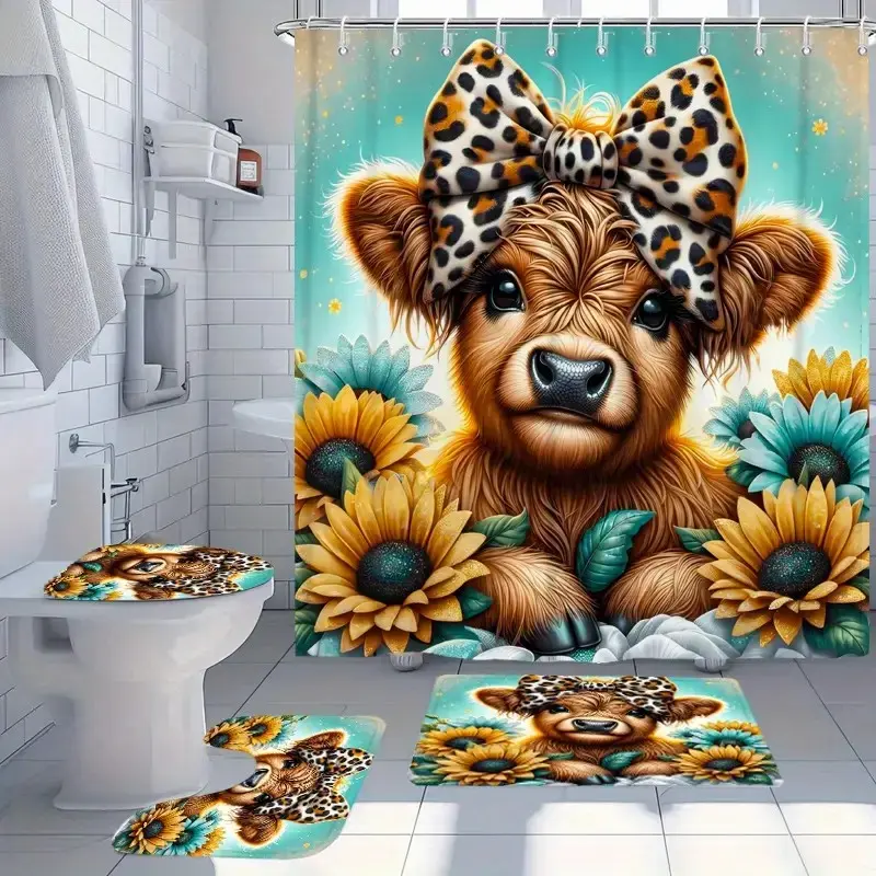 4 pcs leopard bow and cow pattern, Decorative shower curtain set, non-slip floor mat, U-shaped carpet, toilet cover, Bathroom decoration accessories, perfect for bathroom decoration, partition, beautify the space, 12 shower curtain hooks are given