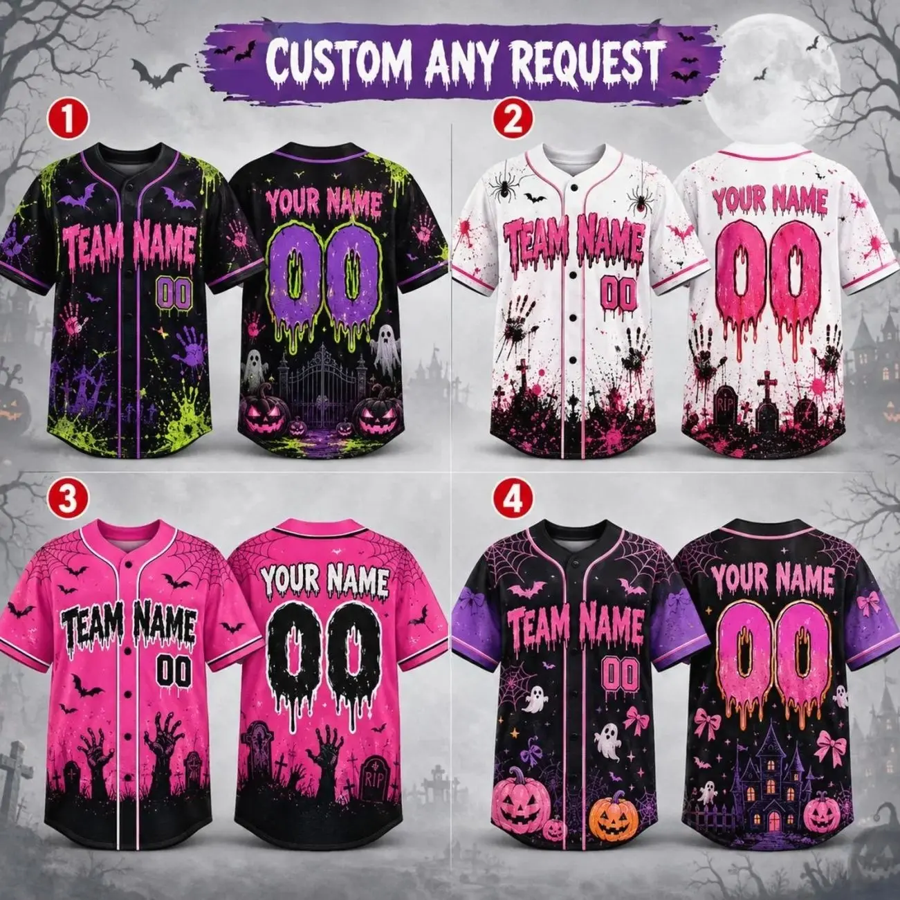 Personalized Halloween Baseball Jersey, Custom Team Name Number Shirt, Spooky Sports Jersey, Pink Purple Horror Costume, Team Halloween Gift