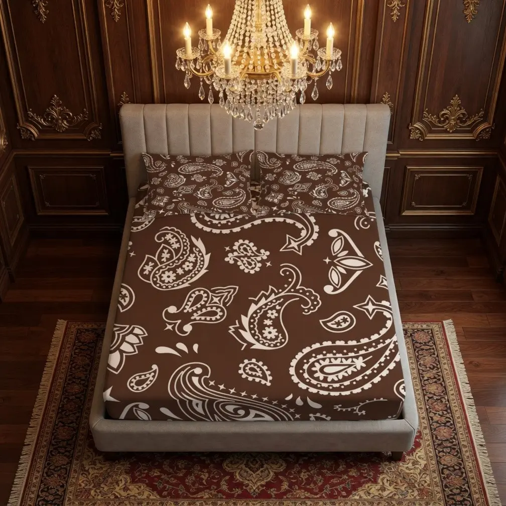 Boho Paisley Bandana Fitted Sheet Set, 3PCS Brown Retro Bed Sheet, Soft Breathable Skin-Friendly, No Pillow Insert, All-Season Bedding for Bedroom Dorm Guest Room