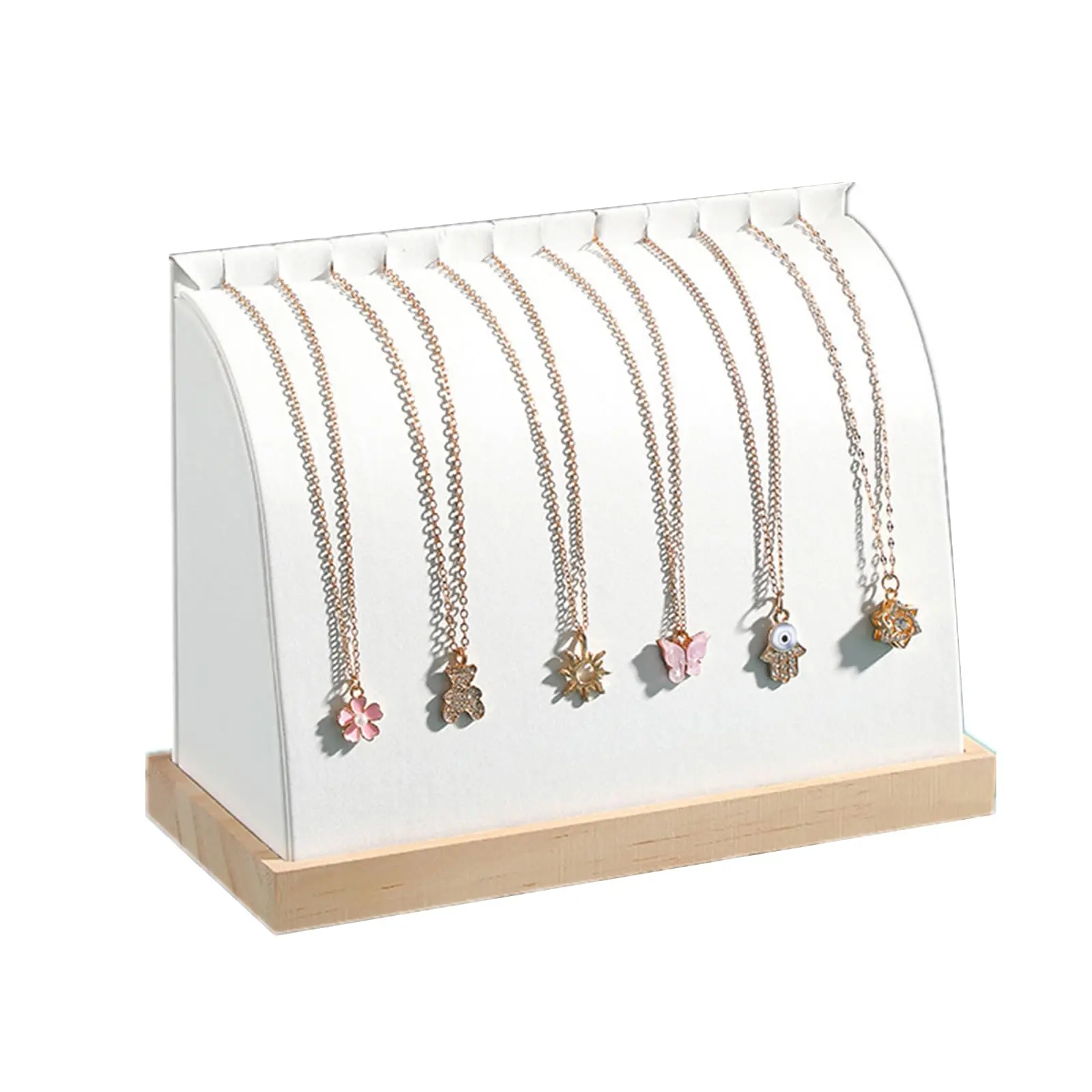 Cambered PU Leather Necklace Display Stand - Sturdy Stand with 12 Buckles, Stable Chassis, Easy to Clean, 8.32"x6.2"x3.48" Soft Wooden Home Organizer for Multiple Necklace Chains (White, Organized Look)
