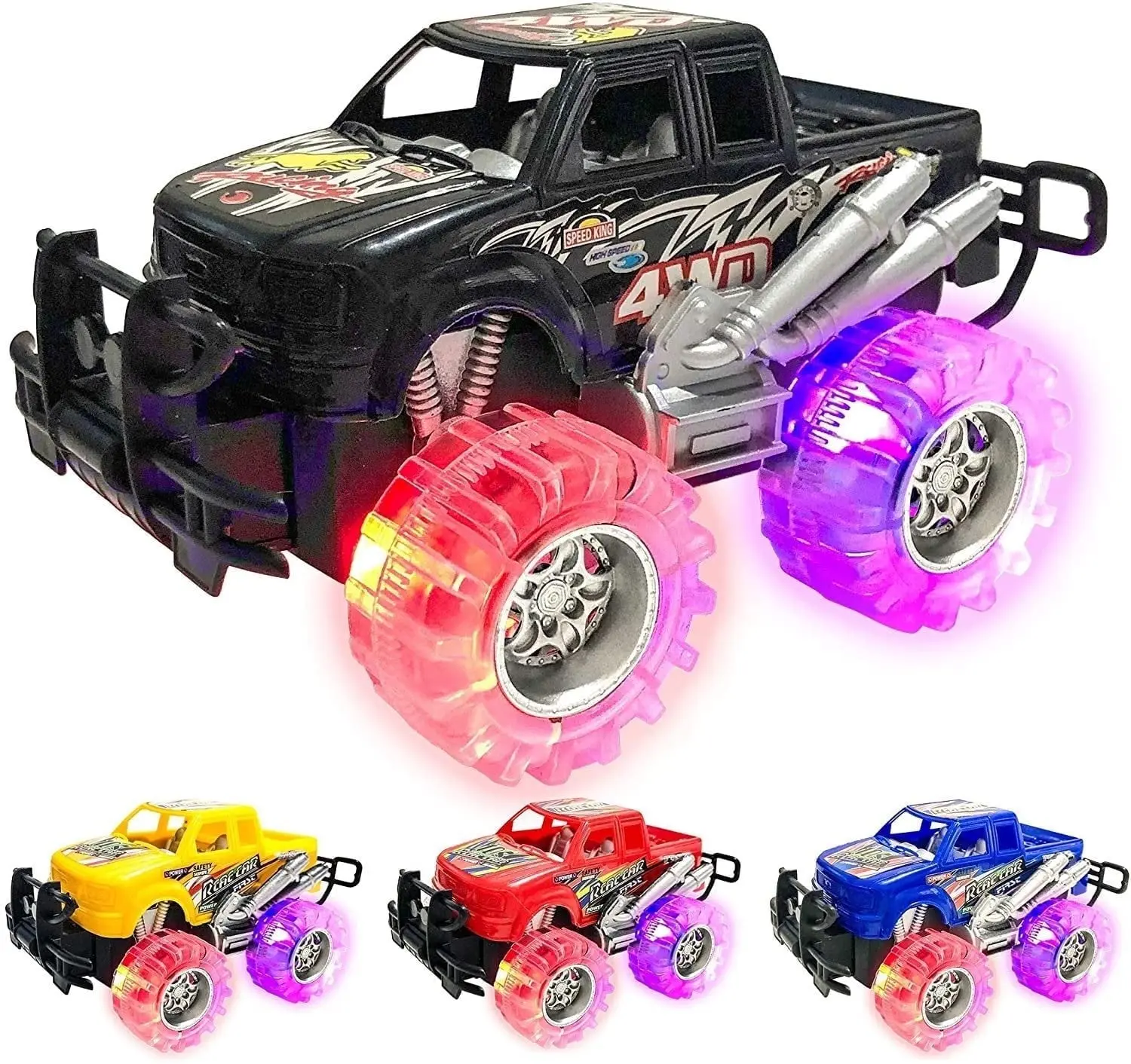 ARTCREATIVITY 6-in LED Light-Up Realistic Monster Truck Vehicle Playset for Kids Ages 3+, Rugged Design, Batteries Included, 2-Pack & 4-Pack Options, All-Seasons Playtime Fun (Batteries Included: Yes)