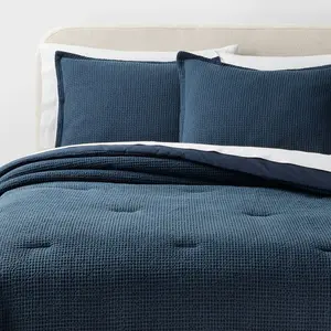 Full/Queen Washed Waffle Weave Comforter and Sham Set Navy Blue - Threshold