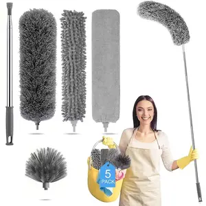Duster for cleaning, Multisurface Dusters, microfiber artificial feather duster 5in 1 kit, duster with extension pole 100 inches, spider web duster, microfiber duster for high ceilings and fans, blinds and cars