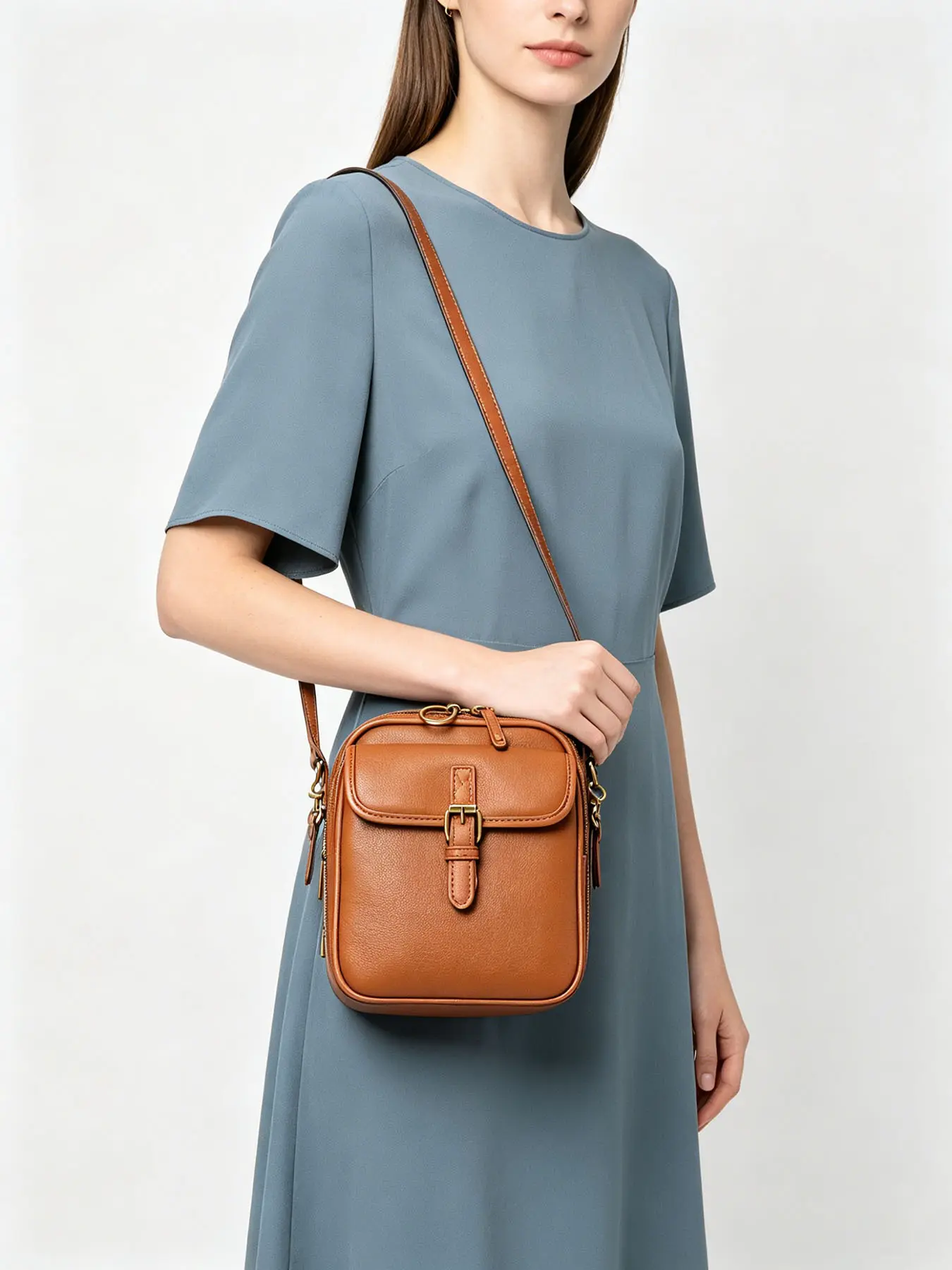 Women's Premium Black Crossbody Bag, High-Quality Grain Leather Sling Purse with Vintage Buckle Flap, Compact Casual Shoulder Bag for Daily Use & Travel