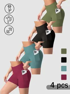 4 Piece Combo Women's Sporty Shorts Set, Running Cycling Pocket Pants, Outdoor Fitness Dance Training Gym Shorts, High Stretch Shorts, Biker Shorts Sets