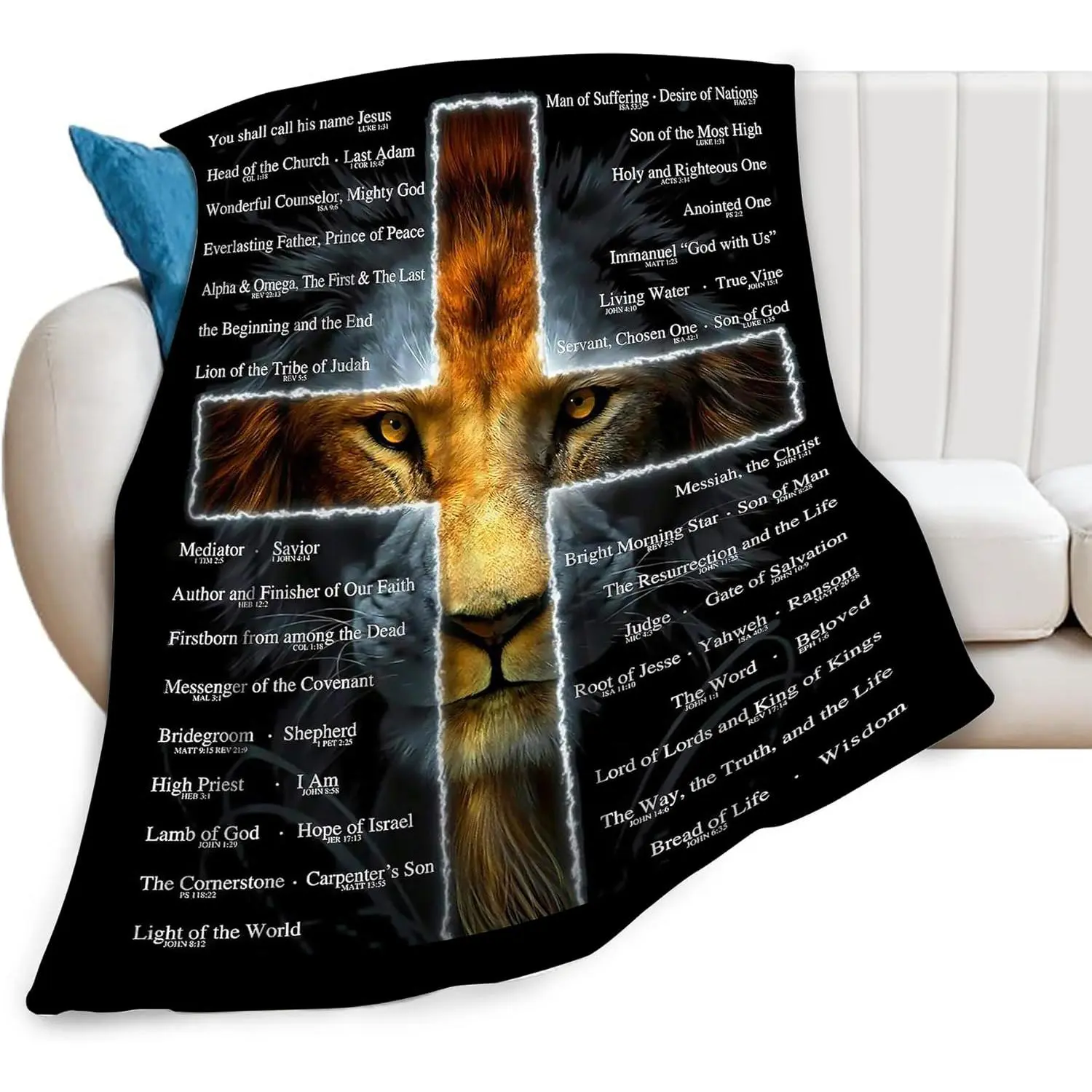 Christian Lion Scripture Jesus Crochet Cozy Blanket Throw - Super Soft Wool Adult Blanket - Sofa, Bed, Watch Party Use - 101.6cm x 127cm