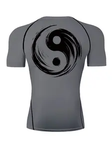 Yin & Yang Symbol Print Short Sleeve Compression Shirt for Men, Summer Athletic Quick Drying Breathable T-shirt, Gym Workout Running Rash Guard Undershirt Baselayers Activewear Sportswear, Athletic Compression Shirts, Fitted Compression Shirts