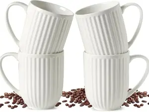 Textured Ceramic Coffee Mugs Set of 4, 16 oz Ribbed Cups with Large Handle, Stackable Embossed Mug Set for Latte, Tea and Cappuccino, Perfect for Home Coffee Bar, Morning Breakfast and Cozy Evenings, Microwave Dishwasher Safe, Creamy White