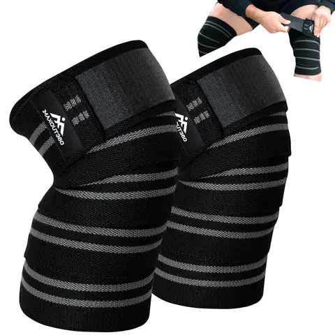 MaxOut360 Knee Wraps for Weight Lifting - 78in Adjustable Hook & Loop, Durable Cotton-Elastic Blend, Compression Support, Designed by Athletes, for Gym Enthusiasts, Maximize Performance, Reduce Knee Joint Strain, Black, One Size