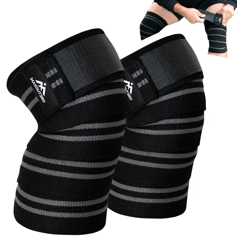 MaxOut360 Knee Wraps for Weight Lifting - 78in Adjustable Hook & Loop, Durable Cotton-Elastic Blend, Compression Support, Designed by Athletes, for Gym Enthusiasts, Maximize Performance, Reduce Knee Joint Strain, Black, One Size