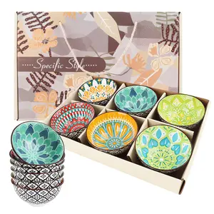 4.75inch Boho Ceramic Cereal Bowl Set of 6, Colorful Porcelain Kitchen Soup Serving Bowls Dessert Bowls Set for Cereal, Soup, Salad, Pasta, Rice, Oatmeal, Ramen, Fruit, Snack