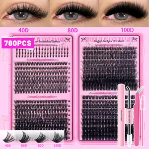 790pcs Natural & Volume Lash Clusters Kit with Glue & Tweezer, 3D Dramatic Fluffy Waterproof Individual DIY Eyelash Extensions for Beginner-friendly - 9-16mm Mixed Styles Lash Eye Makeup