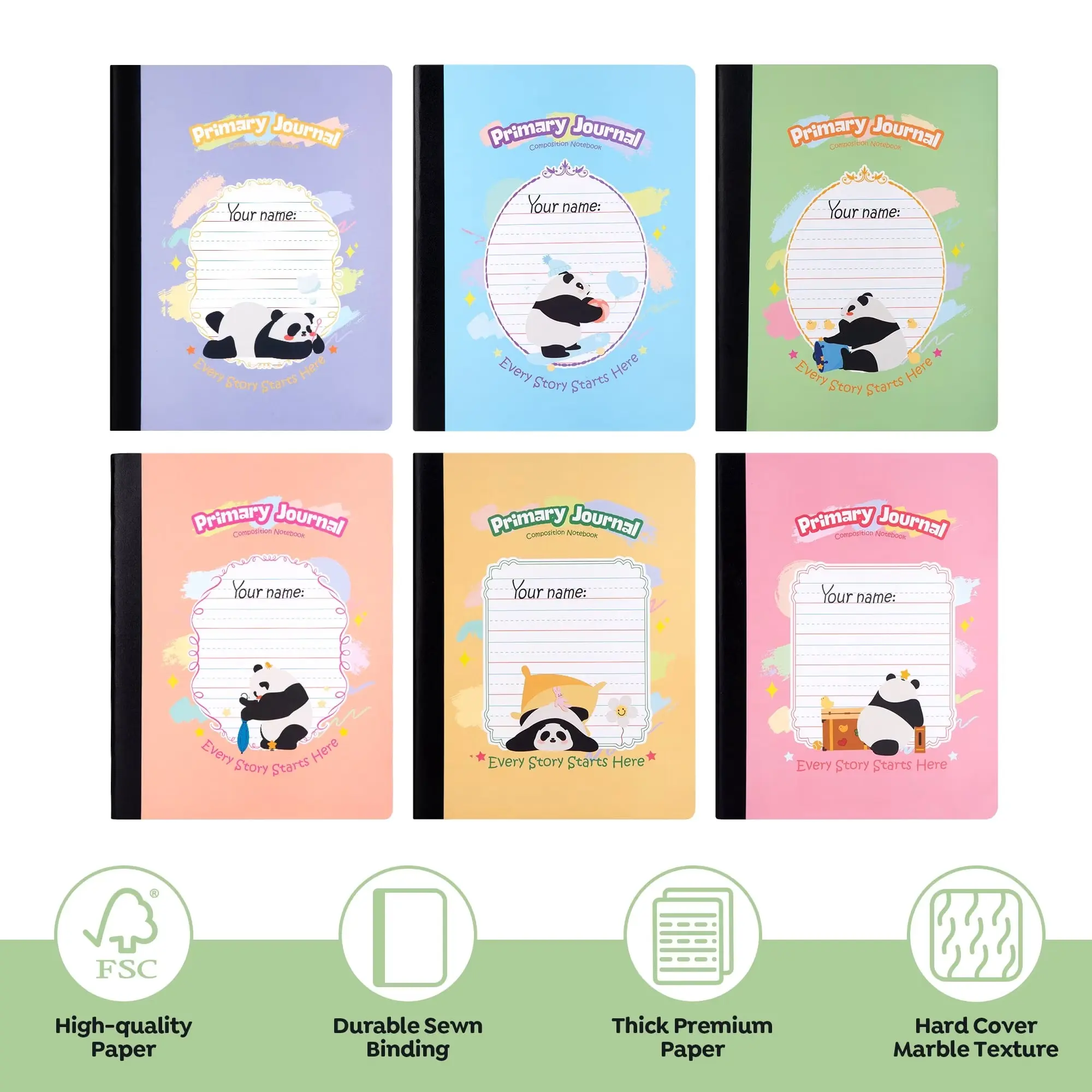 6 Pack Primary Composition Notebook 100 Sheets 200 Pages Half Page Ruled Writing Journal 9.75 x 7.5 Inch Sewn Bookbound for Kids Handwriting Practice School
