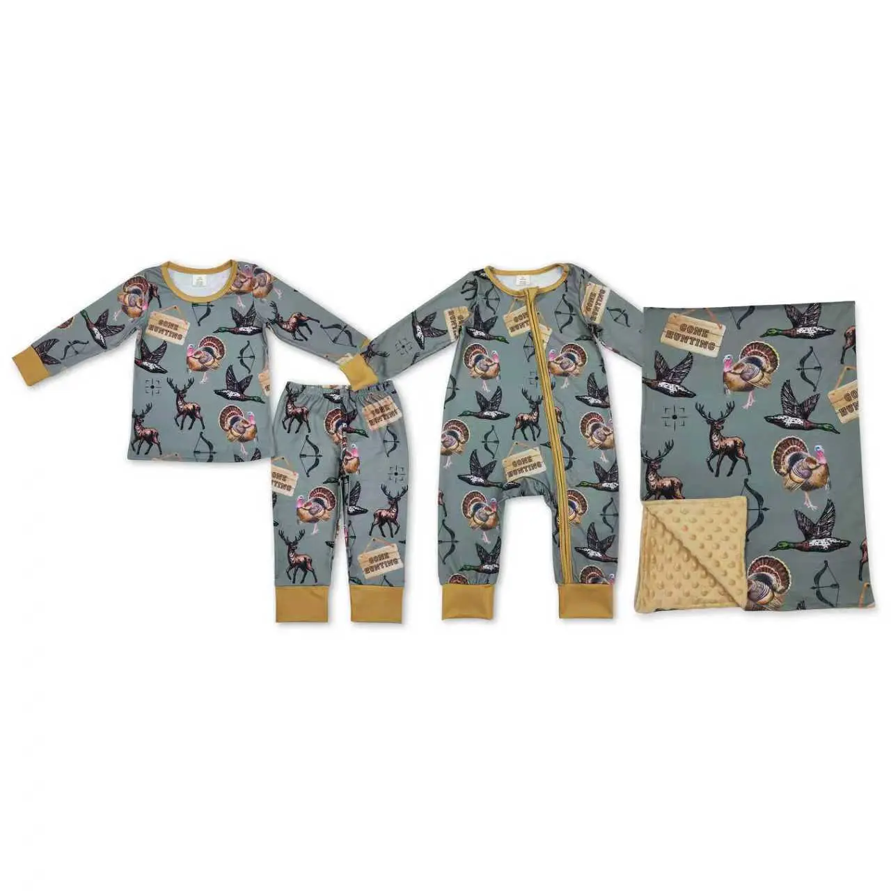 Toddler Boys' Long Sleeve Sleeper Pajamas, Crew Neck Zip-Up Romper with Hunting Animal Print featuring Deer, Duck, and Turkey, 4T