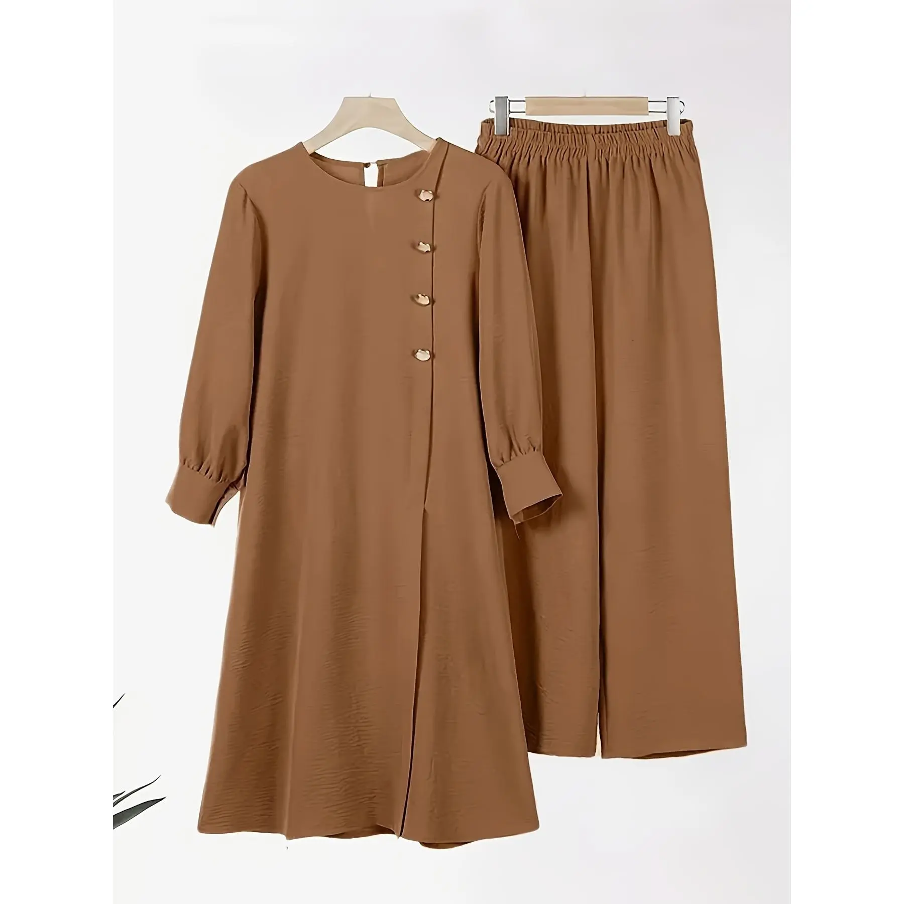 Middle Eastern Muslim Women'S Two-Piece Set Fashionable Elegant Solid Color Side Slit Long Shirt Wide Leg Pants Dress