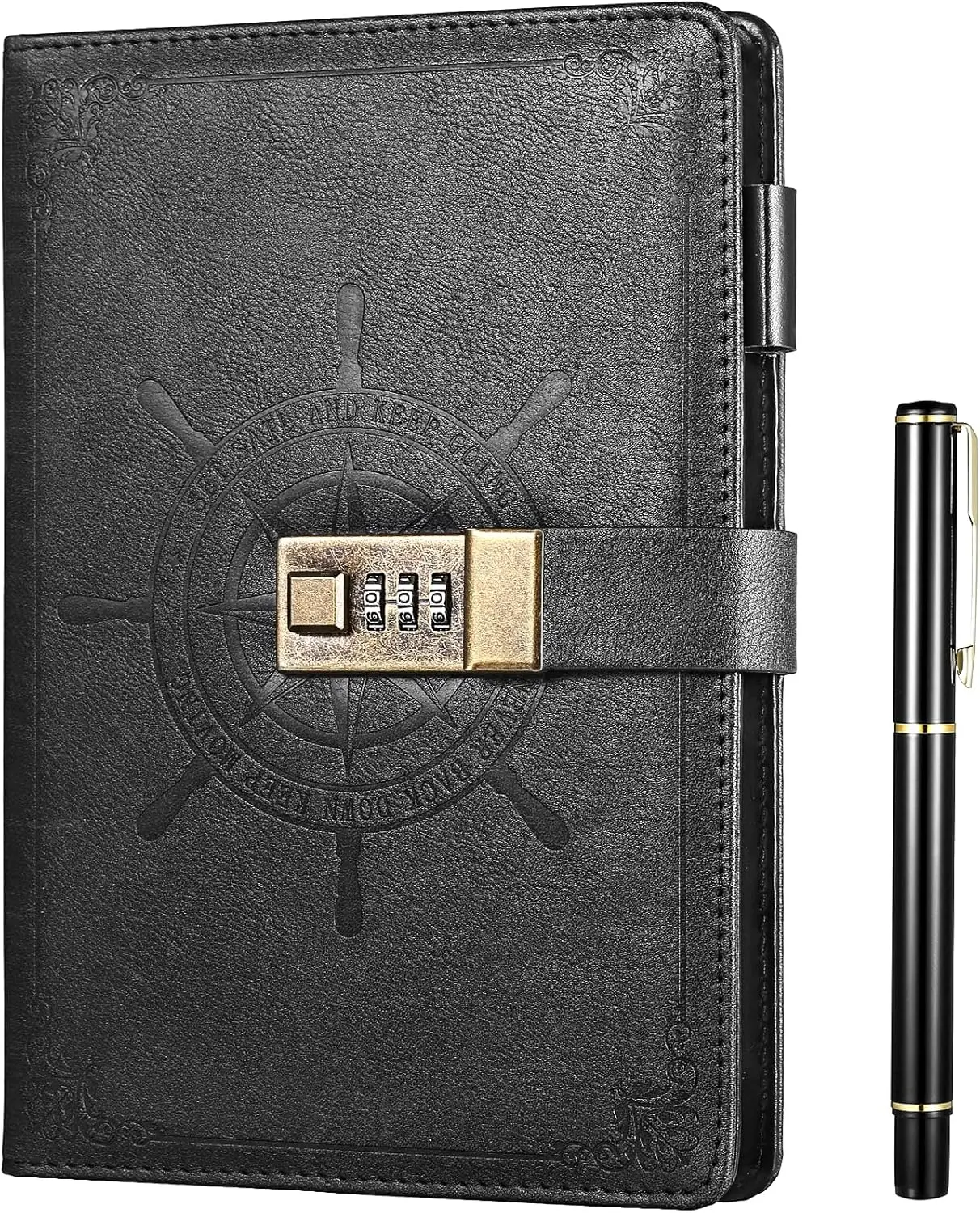 Black Journal with Lock, Refillable Faux Leather Lock Diary Notebooks Planner Organizer with Pen, A5 College Ruled 210 Lined Pages Locking Journal Notebook